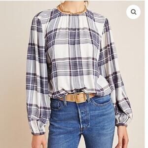New NWT Cloth & Stone Anthropologie Glacier Plaid Blouse Top Size Small Petite